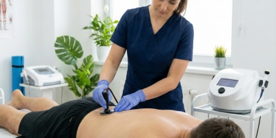 Fisioterapeuta en fisioterapia oceano Móstoles aplicando indiba, radiofrecuencia o diatermia en un paciente