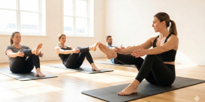 Fisioterapeuta en fisioterapia oceano Móstoles haciendo pilates suelo con gente