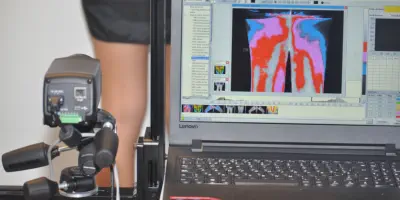 Fisioterapeuta en fisioterapia oceano Móstoles realizando un análisis corporal usando termografía infrarroja en un paciente